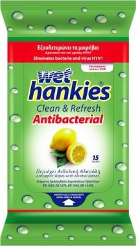 Wet Hankies Clean & Refresh Antibacterial - Αντιβακτηριδιακά Μαντηλάκια με Αιθυλική Αλκοόλη και Αρωμα Λεμόνι 15τμχ