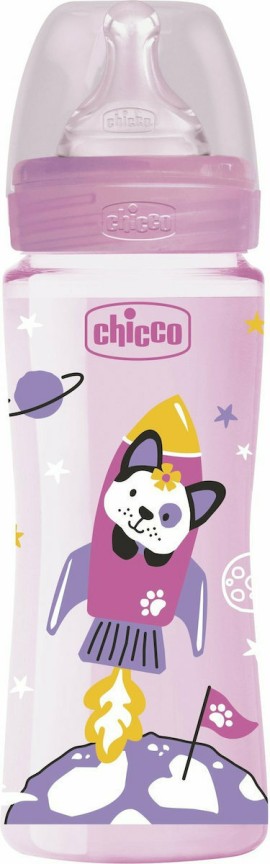 Chicco Πλαστικό Μπιμπερό Well Being Κατά των Κολικών με Θηλή Σιλικόνης Γρήγορης Ροής 4m+ Ροζ Διαστημόπλοιο 330ml 28637-10