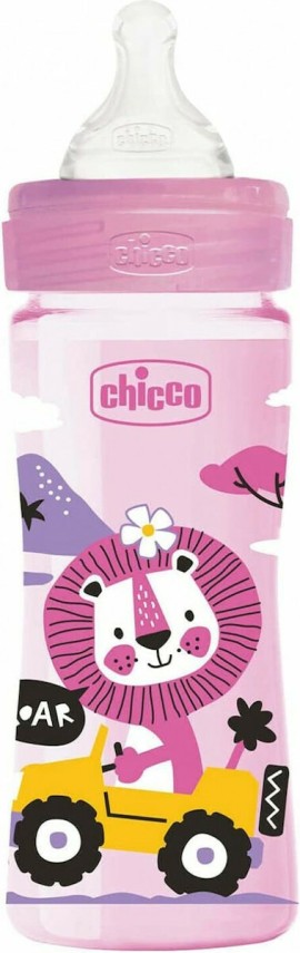 Chicco Πλαστικό Μπιμπερό Well Being Κατά των Κολικών με Θηλή Σιλικόνης Μέτριας Ροής 4m+ Pink Lion 250ml 28623-10