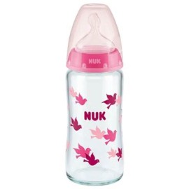 Nuk Γυάλινο Μπιμπερό First Choice Plus Temperature Control με Θηλή Σιλικόνης 240ml 0-6m Pink Birds 1τμχ 10.745.124