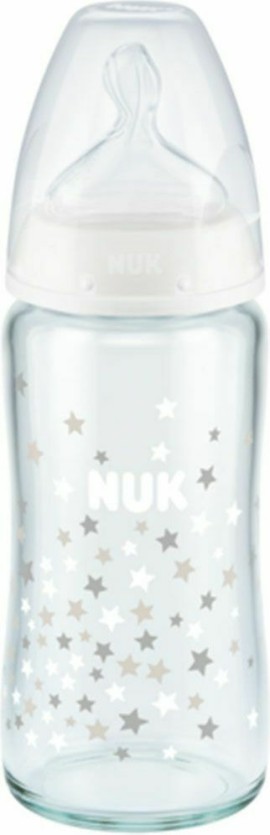 Nuk Γυάλινο Μπιμπερό First Choice Plus Temperature Control με Θηλή Σιλικόνης 240ml 0-6m White Stars 1τμχ 10.745.124