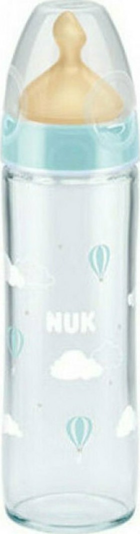 Nuk Classic Γυάλινο Μπιμπερό Θηλή Καουτσούκ Μ 0-6m, Σιελ, 240ml 10.745.079