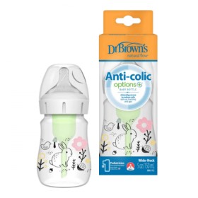 Dr Browns Natural Flow Anti-Colic Options+ Πλαστικό Μπιμπερό με Φαρδύ Λαιμό, Θηλή Σιλικόνης 0m+ Λαγουδάκι 150ml WB51009