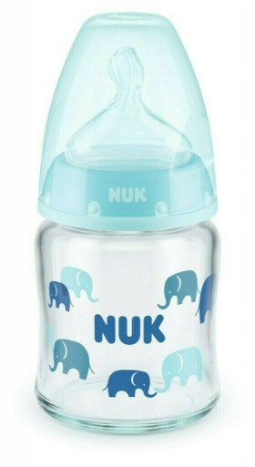 Nuk Γυάλινο Μπιμπερό First Choice Plus Temperature Control Θηλή Σιλικόνης 120ml 0-6m Σιελ Ελεφαντάκια 1τμχ 10.747.117